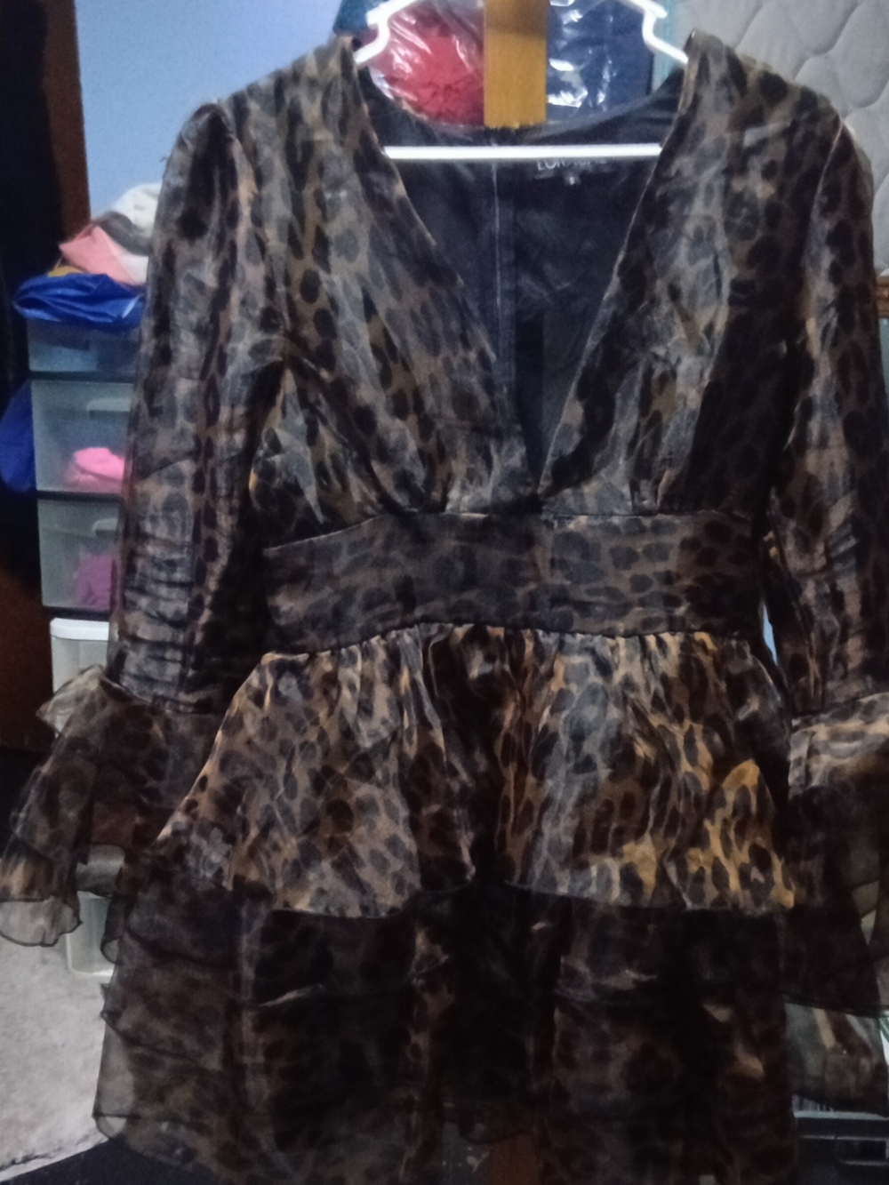 Loragal Leopard Print V-Neck Ruffle Mini Dress